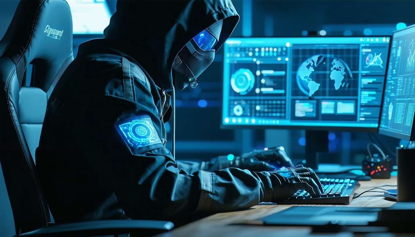 a cybersecurity officer working remotely Some parts of the image can use this color  E03C5C-1
